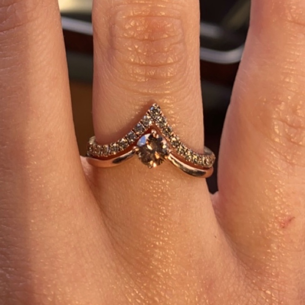 Le Vian V solitaire chocolate diamond ring with diamond band in strawberry gold